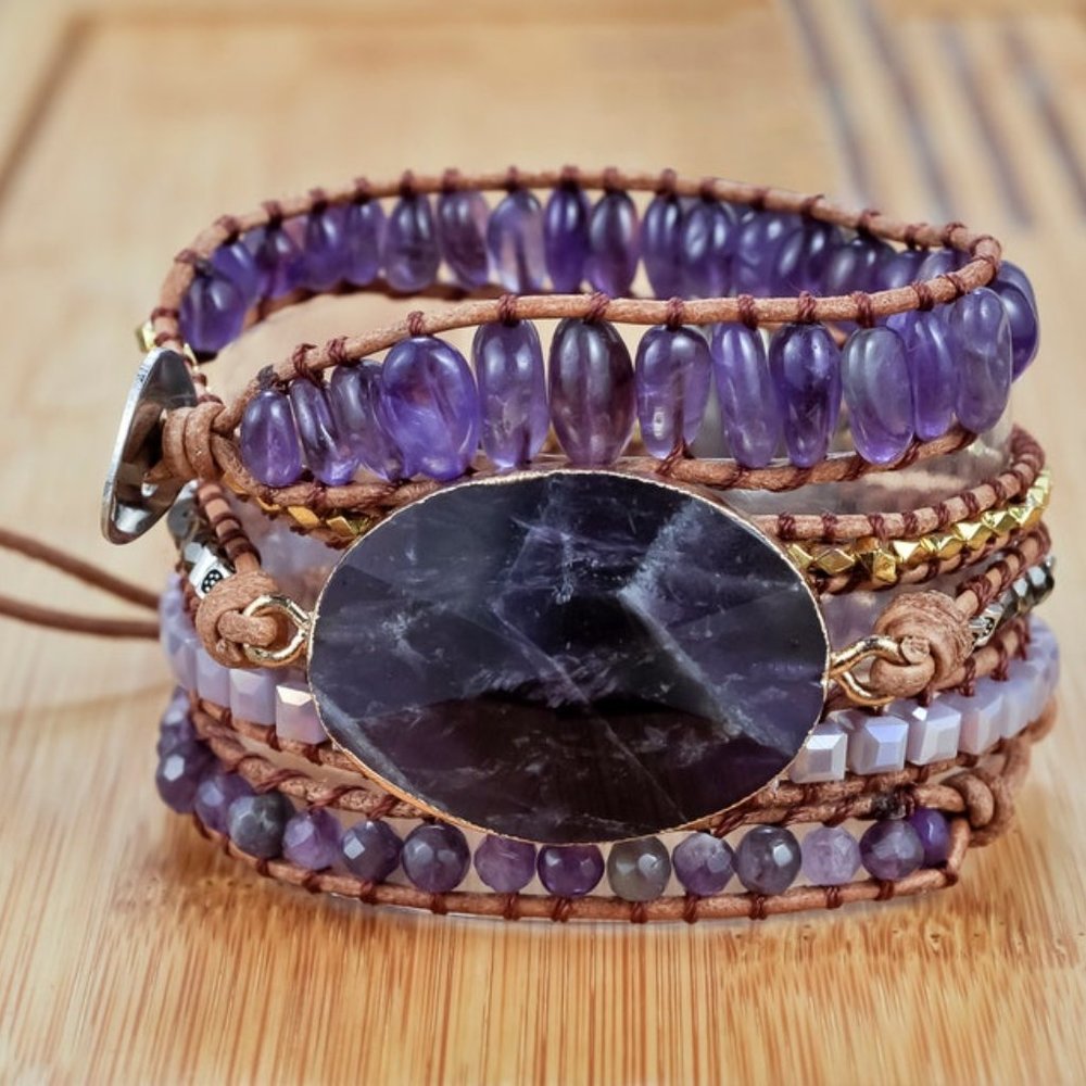 Amethyst Beaded Bohemian Handmade Braided Healing Reiki Women Leather Bracelet